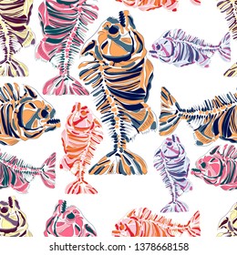 Skeleton fish. Vector image. Seamless pattern