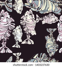 Skeleton fish. Vector image. Seamless pattern. 