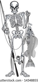 skeleton fisher holding rod and skeleton fish