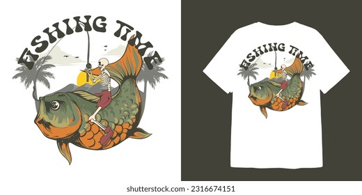 Skeleton fishing time under sunset mountain t shirt design and sticker