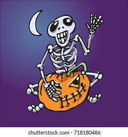 Skeleton flies on a pumpkin in the cold night