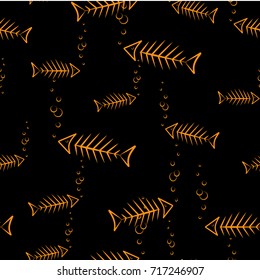 Skeleton of a floating fish with bubbles on the bottom. Seamless pattern. Black background. Halloween Graphic arts. Vector.