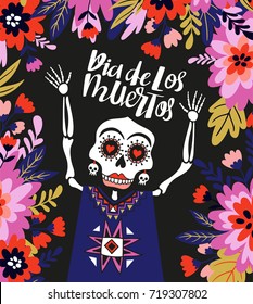 Skeleton in the floral frame. Vector holiday illustration for Day of the dead or Halloween. Funny card design.