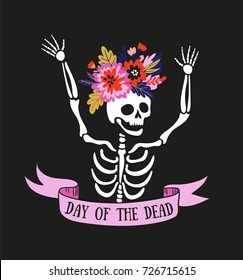 Skeleton in the floral wreath. Vector holiday illustration for Day of the dead or Halloween. Funny card design.