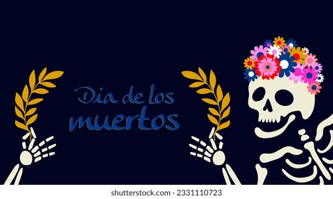 Skeleton with floral wreaths and text Dia de los muertos. Vector illustration holiday banner