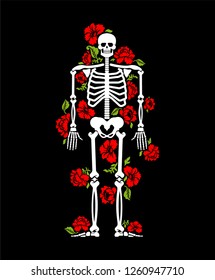 Skeleton and flowers. Human Bones and roses. Death and love symbol
