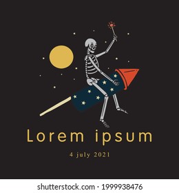 skeleton flying to the moon with fireworks