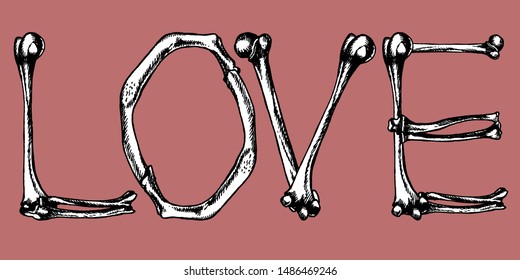 Skeleton font collection. Word "LOVE" made from bones. Hand-drawn vector lettering for your scary or romantic design.