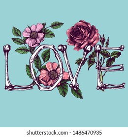 Skeleton font collection. Word "LOVE" made from bones and roses. Hand-drawn vector lettering for your scary or romantic design.