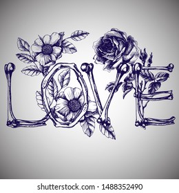 Skeleton font collection. Word "LOVE" made from bones and roses. Hand-drawn vector lettering for your scary or romantic design.