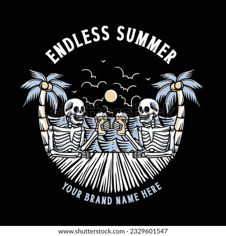 the skeleton friends enjoy drinking a beer of the summer time, on the beach party
