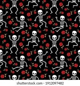 Skeleton Fun Silhouettes With Red Roses Seamless Vector Pattern.