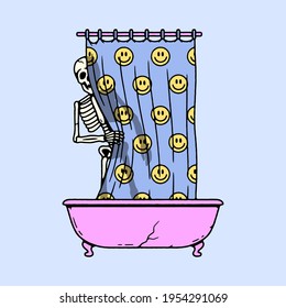 SKELETON IN THE FUNNY SHOWER COLOR BLUE BACKGROUND