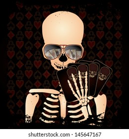Skeleton gambler with poker cards, vector illustration