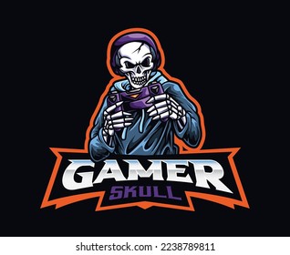 Skeleton gamer mascot logo dead. Skull gamer vector illustration. Logo illustration for mascot or symbol and identity, emblem sports or e-sports gaming team