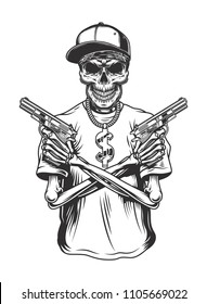Pangster esqueleto con pistolas en el pantalones. Ilustración del vector
