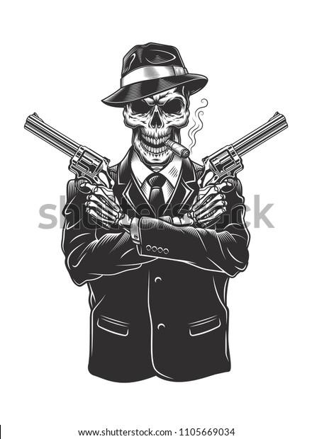 Skeleton Gangster Revolvers Suit Vector Illustration Stock Vector ...