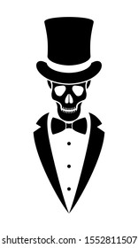 Skeleton gentleman graphic icon. Human skull in top hat, tuxedo and bow tie sign isolated on white background. Vector illustration