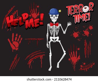 Fantasma esquelético con salpicadura de sangre e ilustración de la impresión a mano