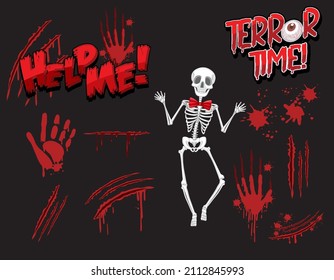 Skeleton ghost with blood spatter and hand print illustration
