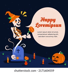 A skeleton ghost holding a marigold flower saying something bubble speech. Pop out from skull grave, background surround by candles. 