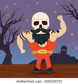 skeleton ghost muscular in halloween fancy to go trick or treating cartoon character, vector 