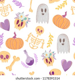 Skeleton, ghost, pumpkin and bones with flowers on a white background. Seamless pattern, Halloween Illustration