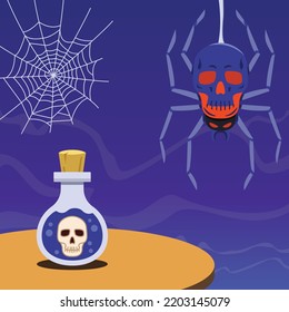 skeleton ghost spider and Skull shaped poison bottle in halloween fancy to go trick or treating cartoon character, vector