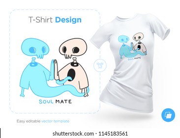 Skeleton and ghost t-shirt design. Print for clothes, posters or souvenirs. Vector illustration
