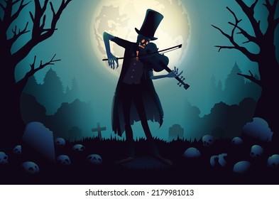 Skeleton Ghost Zombie with a high hat play violin in the graveyard with gravestones and many skulls on the floor. Full moon with dead tree background.