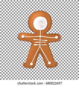 Skeleton gingerbread man cookies isolated on transparent backdrop. Top view on realistic dessert with milk chocolate for halloween. Vector illustration.