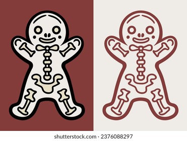 Skeleton gingerbread man illustration for gothic Christmas decorations. Creepy cookie holiday season aesthetic. Minimalist vector illustration for printable products. Creepmas and Hallowdays card.