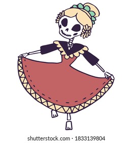 Skeleton girl dancing on white isolated backdrop. Day of the dead symbol for invitation or gift card, notebook, bath tile, scrapbook Phone case or cloth print Doodle style stock vector illustration