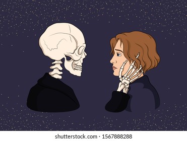 The skeleton and the girl are looking at each other. Vector illustration. Skeleton and woman. Dark background, starry sky