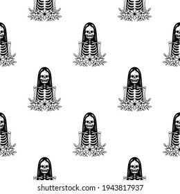 skeleton girl on white background seamless pattern
