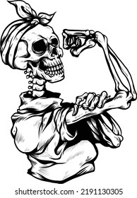 Skeleton girl is posting a you can do it black and white vectors