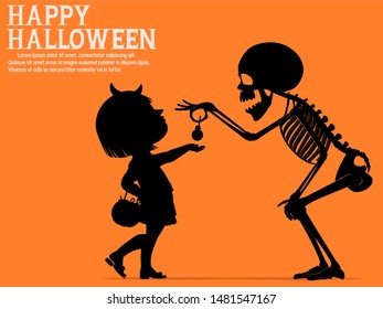 A skeleton is giving a little girl some candy.
