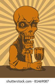 skeleton with a glass of poison and retro background. vector illustration