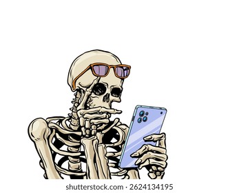 Skeleton with glasses using phone. Influence of social networks and media. Halloween invitation funny. Pop Art Retro Vector Illustration Kitsch Vintage 50s 60s Style. On a white background