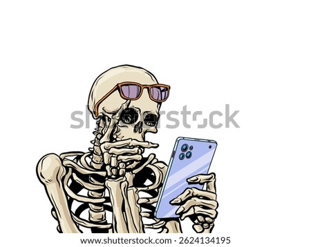 Skeleton with glasses using phone. Influence of social networks and media. Halloween invitation funny. Pop Art Retro Vector Illustration Kitsch Vintage 50s 60s Style. On a white background