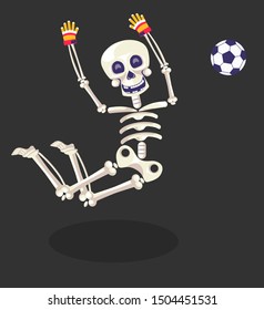 Skelett in Handschuhen, die Ball fangen, Fußball-Spieler, Tag der Toten, mexikanische Feiertage, Dia de Los Muertos Party Vektor. Sportartikel, Schädel und Knochen mit Zubehör. Calaca mit Kleidung, Nationalfestival