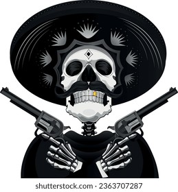 A skeleton with a gold tooth in a sombrero and two guns