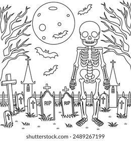 Skeleton in graveyard colouring. Halloween Outline Coloring Page