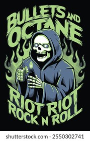 Esqueleto Grim Reaper Bullets e Octane T-Shirt Design, Balas Edgy e Octane T-Shirt Design 