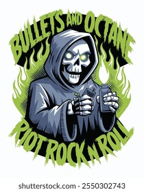 Esqueleto Grim Reaper Bullets e Octane T-Shirt Design, Balas Edgy e Octane T-Shirt Design 