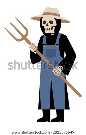 Skeleton grim reaper dressed as a farmer wearing overalls and hat, holding a pitchfork.