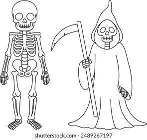 Skeleton and Grim Reaper Isolated on White Background. Halloween Outline Coloring Page