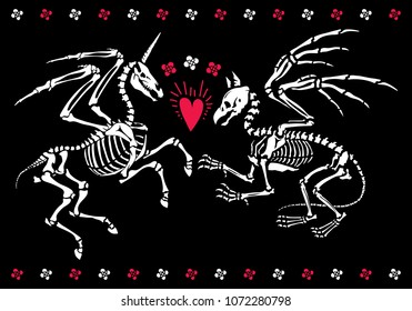 Skeleton of a gryphon and a pegasus with a horn. Anatomy of mythical animals. Bones, heart and flowers. Gothic romantic illustration.