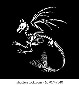 Skeleton of a gryphon with a tail of a mermaid on a black background. Bestiary. 