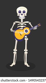 Skeleton with guitar, Day Of dead, Mexican holiday symbol, Dia De Los Muertos party celebration vector. Skull and bones, string musical instrument. Calaca playing music, musician or mariachi player